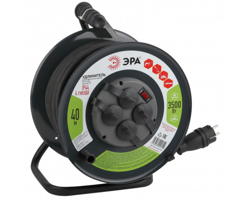 Удлинитель силовой ЭРА RMx-4es-3x2.5-40m-IP44(KG) на м. катушке c/з 4 гн 40м КГ 3х2.5