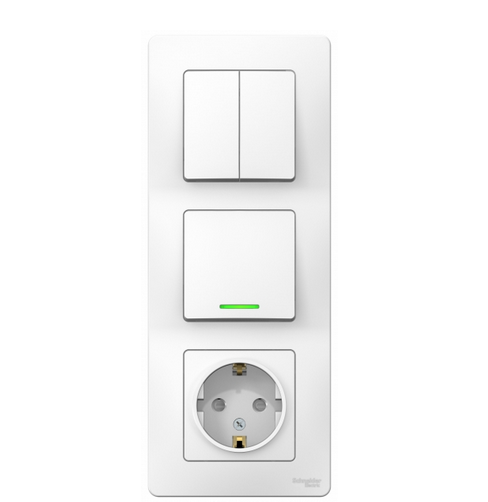 Schneider Electric  BLANCA  Белый  Блок. розетка с заземляющими контактами, со шторками 16А, 250В+выключатель 1-клавишный с подсветкой+выключатель 2-клавишный IP20  скрытая установка BLNBS101211