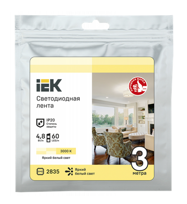 Лента светодиодная IEK  IP20 12V 4.8В/м 3000К  LSR-2835WW60-4,8-IP20-12В IEK LED 3м