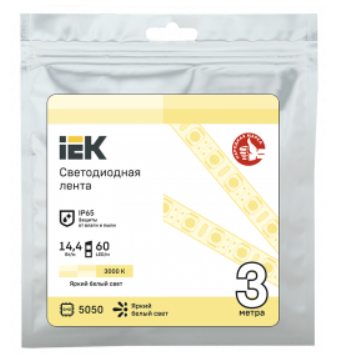 Лента светодиодная IEK IP65  12V  14,4Вт/м 3000К  LSR-5050WW60-14,4-IP65-12В LED 3м