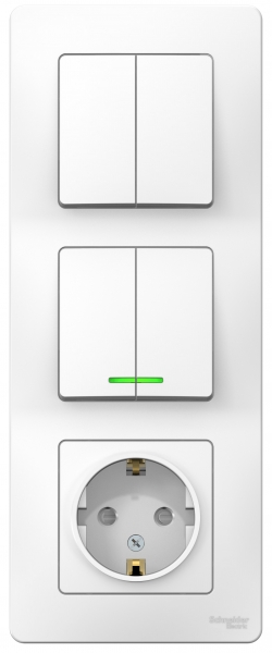 Schneider Electric  BLANCA  Белый  Блок. розетка с заземляющими контактами, со шторками 16А, 250В+выключатель 2-клавишный с подсветкой+выключатель 2-клавишный IP20  скрытая установка BLNBS102211