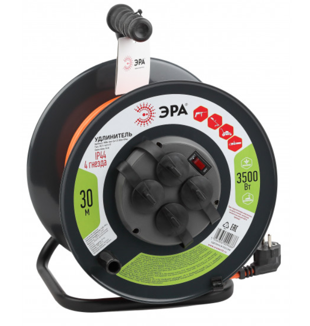 Удлинитель силовой ЭРА RMx-4es-3x1.5-30m-IP44 на м. катушке c/з 4 гн 30м ПВС 3х1.5