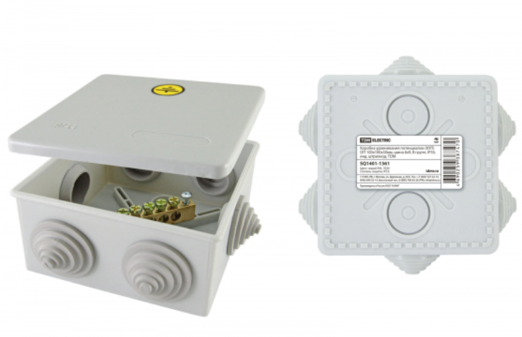 Коробка уравнивания потенциалов (КУП) ОП 100х100х50 мм, шина 6х9, 8 групп, IP55, инд. штрихкод, TDM