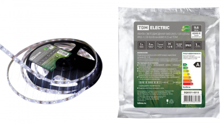 Лента  IP65  12V 9,6Вт/м 6000К SMD2835-120 LED/м-IP65-12 В-9,6 Вт/м-6000 К (5 м) TDM (кратно 5)