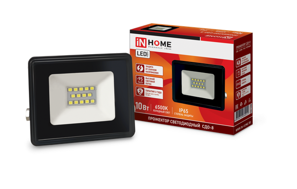 Прожектор светодиодный IN HOME 20Вт 6500К 1900Лм IP65 230В 128х123х26 черный СДО-8