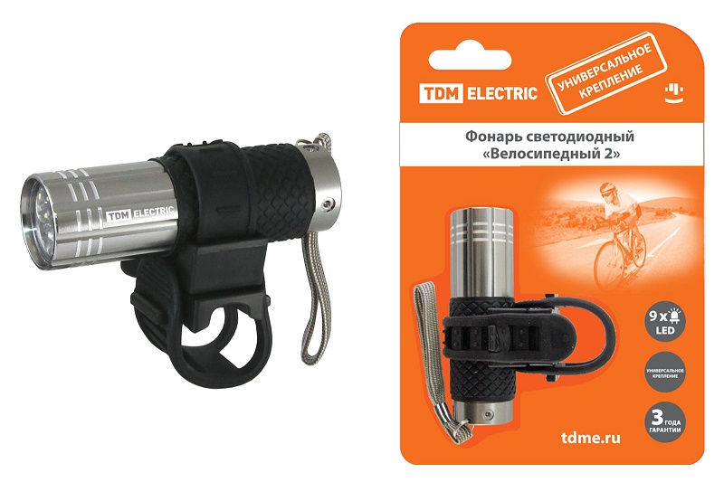 Фонарь светодиодный TDM "Велосипедный 2" с креплением, 9 LED, 30 лм/Вт, 3*AAA