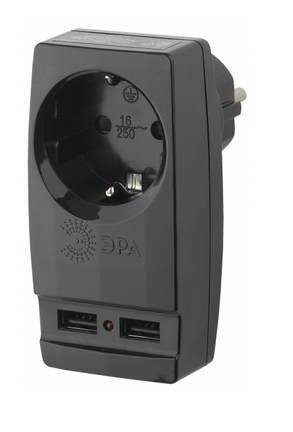 ЭРА Черный Адаптер "Polynom" 1 гнездо 220V + 2xUSB 2100мА, с заземляющими контактами SP-1e-USB-B Б0026333