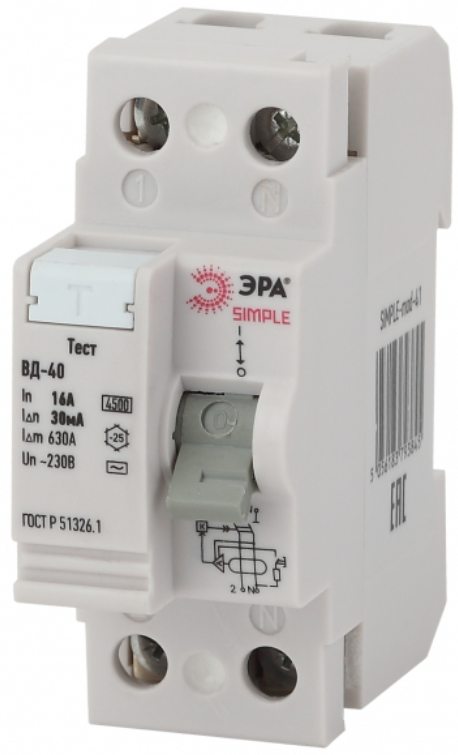 УЗО  2П  40А  30мА SIMPLE-mod-43 ЭРА ВД-40 2P  40А/30мА (электронное)