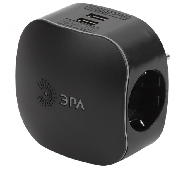 ЭРА Черный Тройник SP-3e-USB-BLACK 3 гнезда 220V + 2xUSB 2100mA, c заземляющими контактами  со шторками