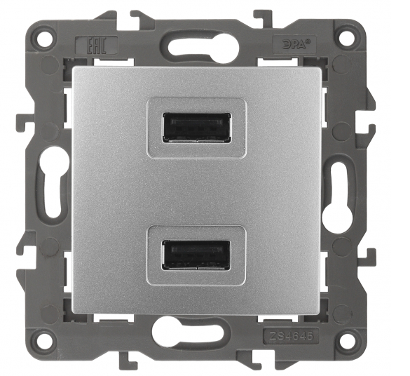 ЭРА  Elegance  Алюминий  Устройство зарядное USB, 230В/5В-2100мА, IP20  14-4110-03