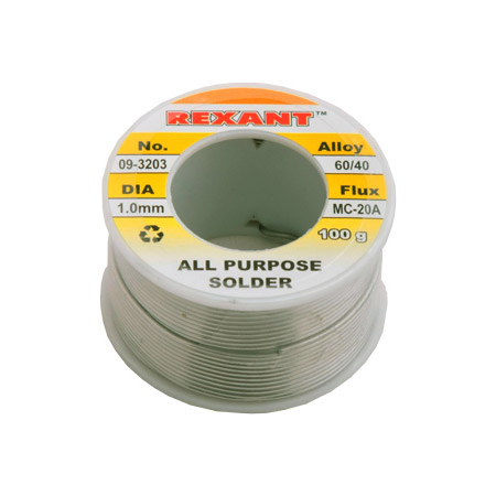 Припой с канифолью REXANT D 1мм, 100 гр. (Sn60 Pb40 Flux 2.2%)  арт.09-3203