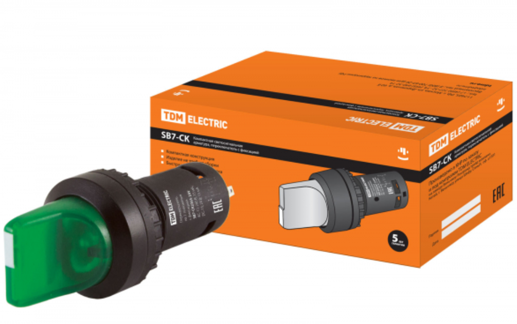 Переключатель на 2 положения с фиксацией SB7-CK2365-24V короткая ручка(LED) d22мм 1з+1р зеленый TDM