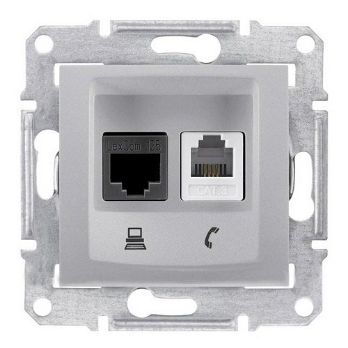 Schneider Electric Sedna Алюминий Розетка механизм телефоная + компьютерная RJ11 + RJ45 категория 5е, неэкранированная UTP с пружинными зажимами IP20 скрытая установка SDN5100160