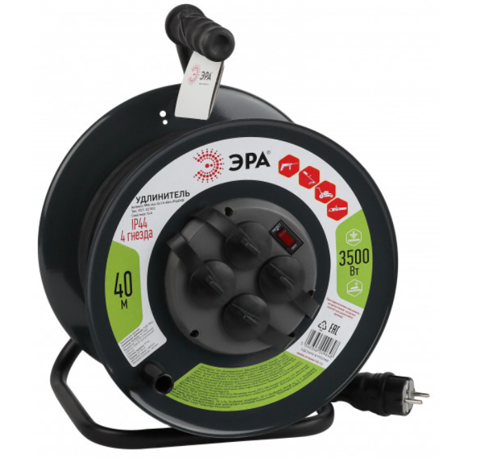Удлинитель силовой ЭРА RMx-4es-3x1.5-40m-IP44(KG) на м. катушке c/з 4 гн 40м КГ 3х1.5