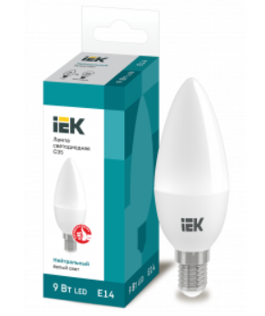 Светодиодная лампа  IEK  C35  9Вт  230В  4000К  E14