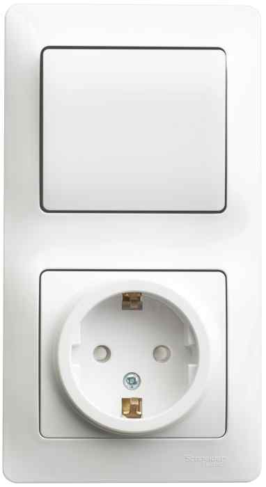 Schneider Electric Glossa  Белый Блок: розетка с заземляющими контактами со шторками и выключатель 1-клавишный IP20 скрытая установка GSL000170