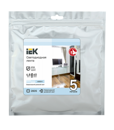 Лента светодиодная IEK  IP20 12V 4.8Вт/м 6500К LSR-2835W60-4,8-IP20-12В  LED 5м