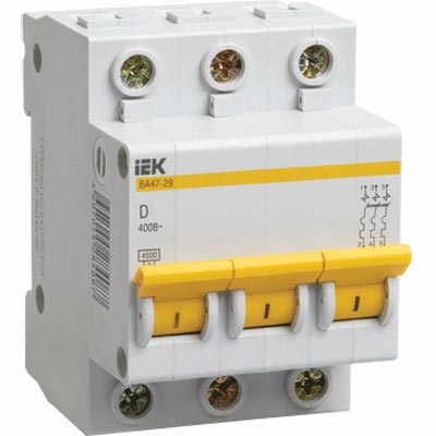 Выключатель автоматический  3П     6А  характеристика D  4,5кА  IEK  ВА47-29 MVA20-3-006-D