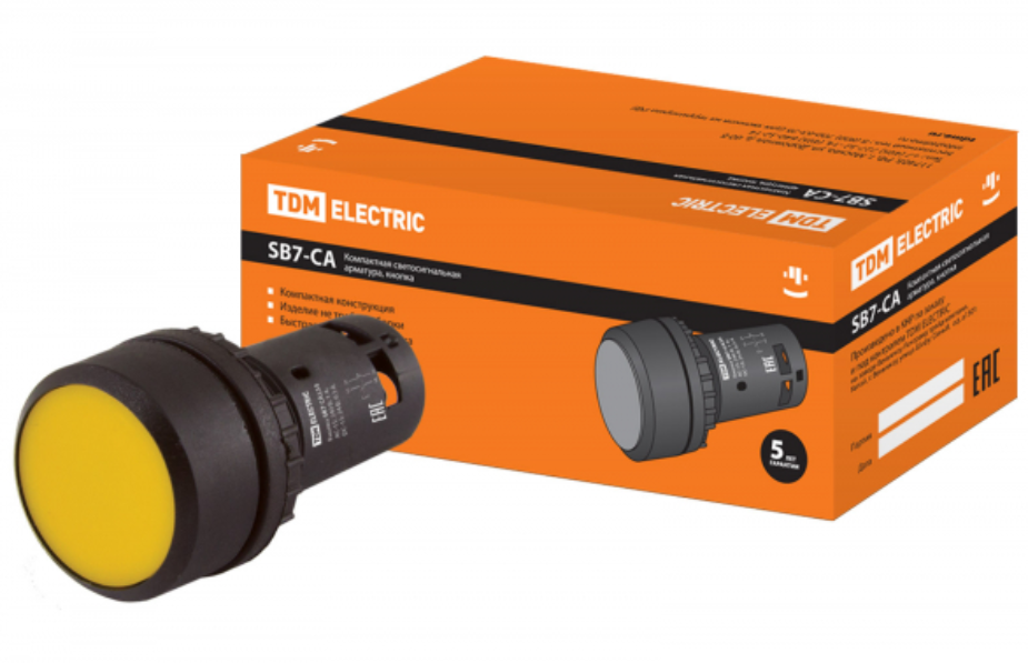 Кнопка с фиксацией SB7-CAL55 d22мм 1з+1р желтая TDM