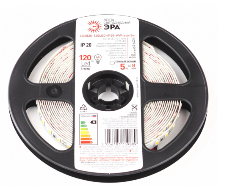 Лента  IP20 12V  9,6Вт/м 3000К  LS2835-120LED-IP20-WW ЭРА LS2835-120LED-IP20-WW-eco-5m ЭРА