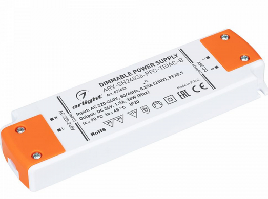 Блок питания 24V,36W IP20 158х46х19 ARV-SN24036-PFC-TRIAC-B (24V, 1.5A, 36W) Arlight