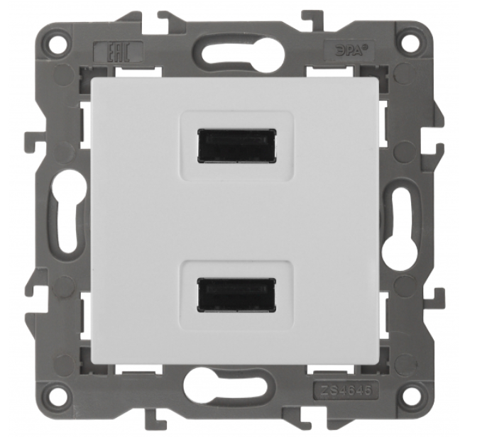 ЭРА  Elegance  Белый  Устройство зарядное USB, 230В/5В-2100мА, IP20  14-4110-01