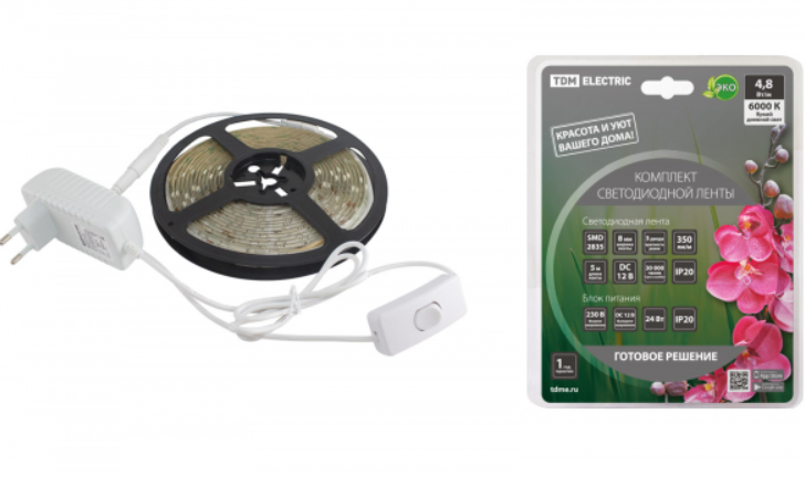 TDM Лента  IP20  12V   4.8Вт/м 6000К SMD2835-60 LED/м-12 В-4,8 Вт/м-IP20-6000 К (5 м), 24 Вт  (5 м)