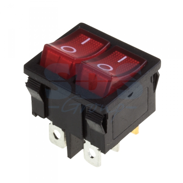 Выключатель клавишный 250V 6А (6с) ON-OFF красный с подсветкой ДВОЙНОЙ  Mini  (RWB-305)  REXANT 36-2160