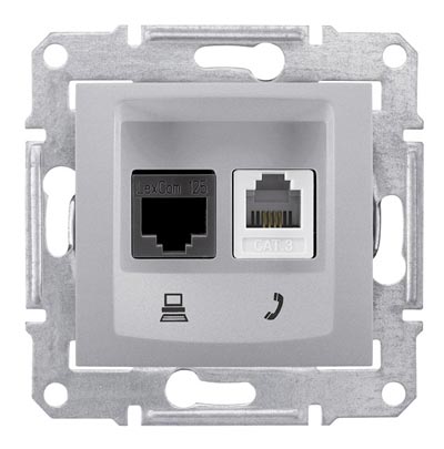 Schneider Electric Sedna Алюминий Розетка механизм телефоная + компьютерная RJ11 + RJ45 категория 6, неэкранированная UTP с пружинными зажимами IP20 скрытая установка SDN5200160