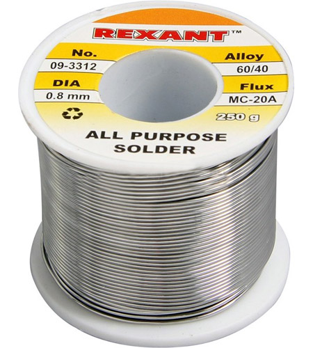 Припой с канифолью REXANT D 0,8мм, 250 гр. (Sn60 Pb40 Flux 2.2%)  арт.09-3312