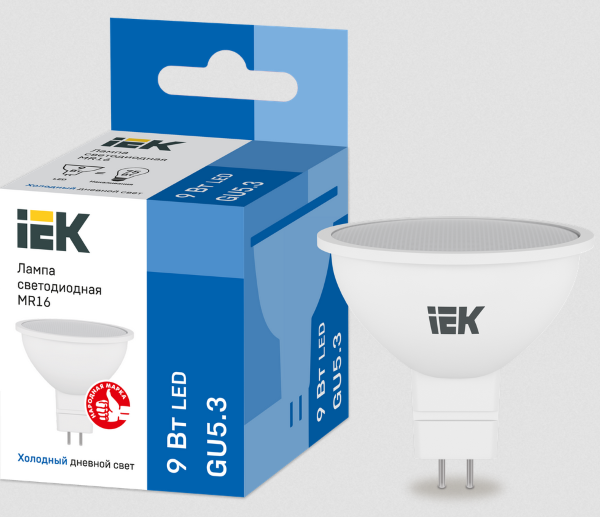 Светодиодная лампа  IEK  MR16  9Вт  230В  6500К  GU5.3