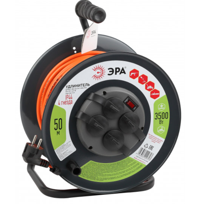 Удлинитель силовой ЭРА RMx-4es-3x1.5-50m-IP44 на м. катушке c/з 4 гн 50м ПВС 3х1.5