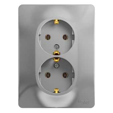 Schneider Electric Glossa Алюминий Розетка 2-местная с заземляющими контактами , в сборе с рамкой IP20 скрытая установка GSL000324