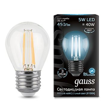 Светодиодная лампа  Gauss  G45   5Вт  150-265В  4100K  E27  филамент.