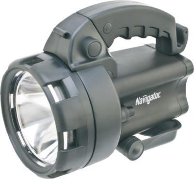 Фонарь светодиодный Navigator NPT-SP09-ACCU 94 963 прожектор 4 режима 1х3Вт+4LED, аккум 4V4Ah, ЗУ 220V/12V, черный пластик