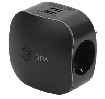 ЭРА Черный Тройник SP-3e-USB-BLACK 3 гнезда 220V + 2xUSB 2100mA, c заземляющими контактами  со шторками