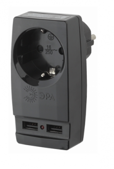 ЭРА Черный Адаптер "Polynom" 1 гнездо 220V + 2xUSB 2100мА, с заземляющими контактами SP-1e-USB-B Б0026333