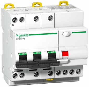 Дифференциальный автомат  4П  10А   30мA  Schneider Electric  Acti9  характеристика С  тип АС  DPN N VIGI 4П 6кА 10А C 30мА AC A9D31710