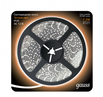 Gauss Лента IP20 12V  7,2В/м 2700К LED 5050/30-SMD 7.2W  12V DC  теплый белый (блистер 5м)