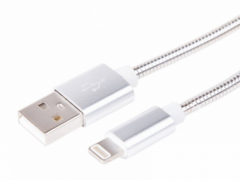 USB кабель для iPhone 5/6/7 моделей, шнур в металлической оплетке, цвет серебристый REXANT