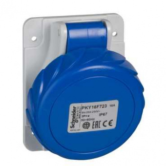 Розетка Schneider Electric скругленные установочные углы, встраиваемая 16А 2P+E IP67 220В PKY16F723 