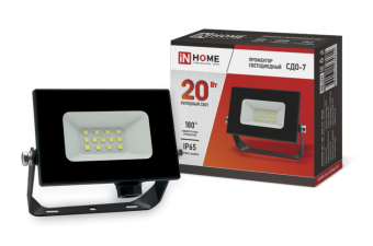 Прожектор светодиодный IN HOME  20Вт  6500К  1 600Лм  IP65 230В 111х98х21 черный СДО-7